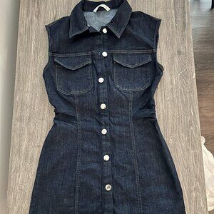 Zara Z1975 Sleeveless Denim Mini Dress With A Lapel Collar, Front Patch Pockets